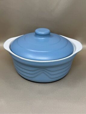 Vintage MCM Brazil Blue White Ceramic Covered Casserole Dish